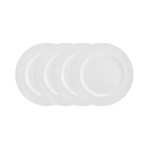 Trellis Bone China 16-Piece Dinnerware Set, Service for 4, White Lightweight Porcelain with Textured Design, Chip-Resistant and