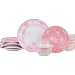Adelaide Blush 12-Piece Pink Porcelain Dinnerware Set – Service for 4, Plate & Bowl Set, White with Pink Floral Pattern, for