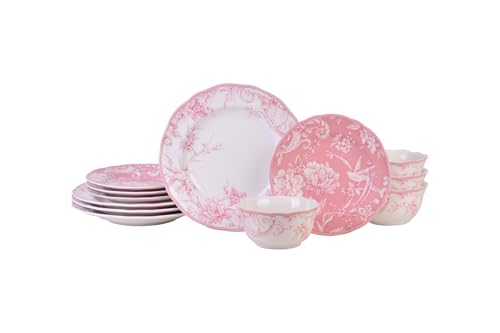 Adelaide Blush 12-Piece Pink Porcelain Dinnerware Set – Service for 4, Plate & Bowl Set, White with Pink Floral Pattern, for