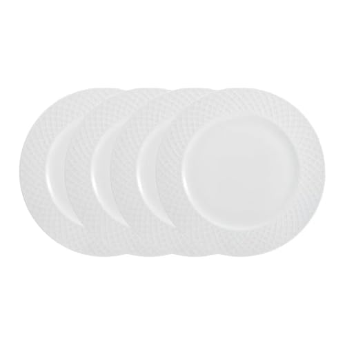 Trellis Bone China 16-Piece Dinnerware Set, Service for 4, White Lightweight Porcelain with Textured Design, Chip-Resistant and