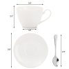 Espresso Cups with Saucers and Spoons, 6 oz White Tea Cup Set, Porcelain Coffee Cup and Saucer Set with Stainless Steel Spoon