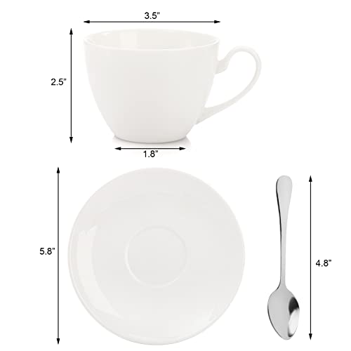 Espresso Cups with Saucers and Spoons, 6 oz White Tea Cup Set, Porcelain Coffee Cup and Saucer Set with Stainless Steel Spoon