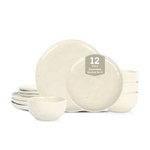 Mirella 12-Piece Stoneware Dinnerware Set, Service for 4 – Cream with Speckle, Reactive Glaze – Includes Dinner Plates, Salad