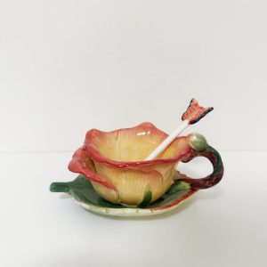 Ceramic Tea Cup and Saucer Set ，6OZ 3D Hand-Painted Flower and Lotus Leaf Coffee Mug，Gift for Women- Yellow Rose