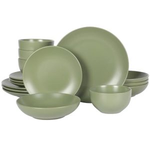 Queenslane 16 Piece Double Bowl Plates and Bowls Dinnerware Sets - Matte Green