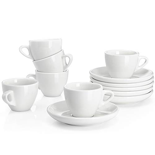 2 Ounce Espresso Cups with Saucers, Porcelain Espresso Cups Set of 6 - White