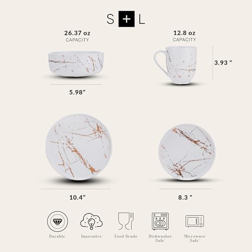 Porcelain 16 Piece Dinnerware set, 4 Full White Gold Splash Sets