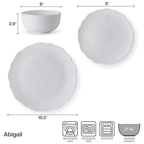 Mikasa Abigail Bone China Lightweight Chip Resistant 12 Piece Dinnerware Set, Service for 4, White
