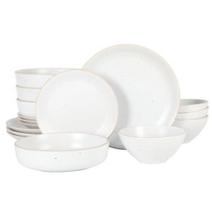 Dinah 16 Piece Double Bowl Stoneware Embossed Speckled Dinnerware Set - Matte White