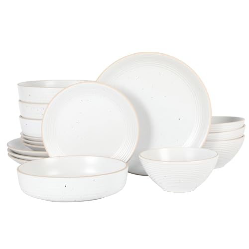 Dinah 16 Piece Double Bowl Stoneware Embossed Speckled Dinnerware Set - Matte White