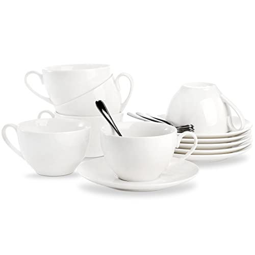 Espresso Cups with Saucers and Spoons, 6 oz White Tea Cup Set, Porcelain Coffee Cup and Saucer Set with Stainless Steel Spoon