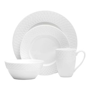 Trellis Bone China 16-Piece Dinnerware Set, Service for 4, White Lightweight Porcelain with Textured Design, Chip-Resistant and