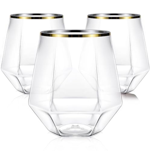 40 Pcak Plastic Stemless Wine cocktail Whiskey Champagne Glasses, 12 Oz Gold Rim Disposable Clear Unbreakable Cups for Party