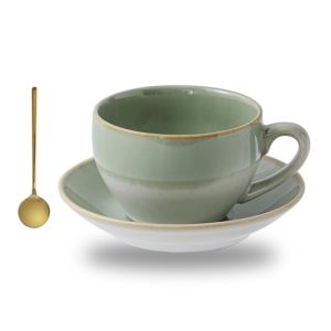 Porcelain Coffee Cup with Saucer Spoon, Vintage Design Ceramic Latte Art Cappuccino Barista Espresso Tea Cup with Saucer (11.6