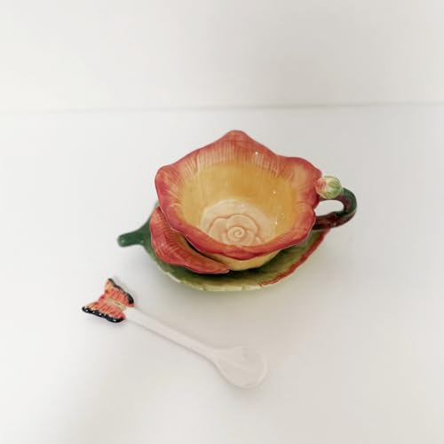 Ceramic Tea Cup and Saucer Set ，6OZ 3D Hand-Painted Flower and Lotus Leaf Coffee Mug，Gift for Women- Yellow Rose