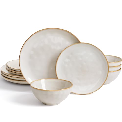 Dinnerware Sets for 4, Ocean Round 12-Piece Kitchen Plates and Bowls Sets, Reactive Glaze, Microwave and Dishwasher Safe,