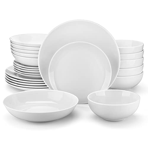 24-Piece Gourmet Porcelain Dinnerware Sets, Modern White Round Dish Set for 6 - Premium Serving Plates and Bowls Sets for