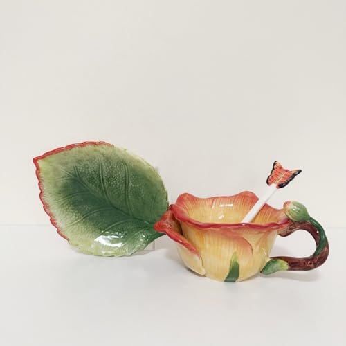 Ceramic Tea Cup and Saucer Set ，6OZ 3D Hand-Painted Flower and Lotus Leaf Coffee Mug，Gift for Women- Yellow Rose