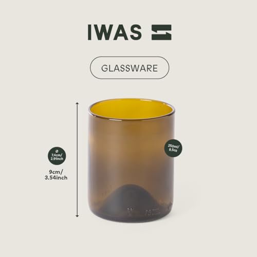 IWAS Upcycled Olive Drinking Glasses | 250 ML | 8.45 OZ | Set of 6 | Sustainable Water Glasses | Environmentally Friendly Dark