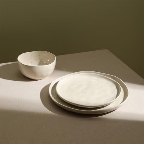 Mirella 12-Piece Stoneware Dinnerware Set, Service for 4 – Cream with Speckle, Reactive Glaze – Includes Dinner Plates, Salad