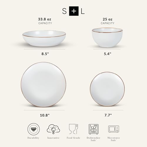 Brasa Modern Stoneware 16 Piece Dinnerware Sets, Plates and bowls Sets, Dish Set for 4, White