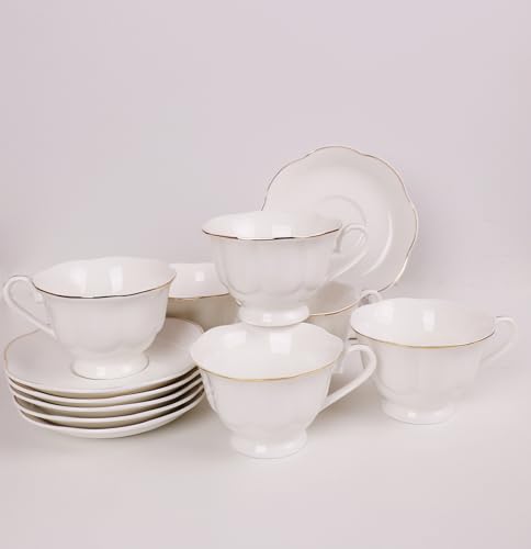 12 Pieces Tea Cup set Fine Porcelain 6oz Cup and Saucer set of 6 for Cappuccino Tea Flat White Coffee