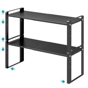 2 Pack Expandable Kitchen Cabinet Organizer Shelves, Stackable Heavy Duty Metal Small Storage Shelf, Adjustable Counter Shelf
