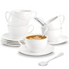 Espresso Cups with Saucers and Spoons, 6 oz White Tea Cup Set, Porcelain Coffee Cup and Saucer Set with Stainless Steel Spoon