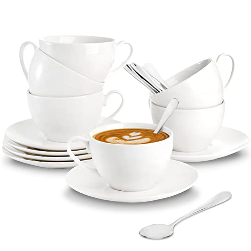 Espresso Cups with Saucers and Spoons, 6 oz White Tea Cup Set, Porcelain Coffee Cup and Saucer Set with Stainless Steel Spoon