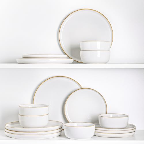 Dinnerware Set, 18 Piece Ceramic Plates and Bowls, Stoneware Plates Handpainted, Dishwasher & Microwave Safe (Speckled White,