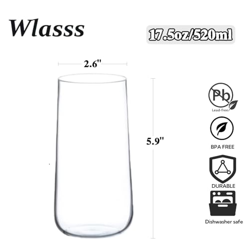 Water Glasses Set of 6, 17.5oz Large Drinking Glasses, Clear Crystal Lightweight Glass cups, Glassware Set for Juice,Iced