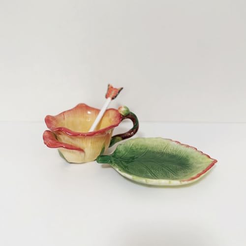 Ceramic Tea Cup and Saucer Set ，6OZ 3D Hand-Painted Flower and Lotus Leaf Coffee Mug，Gift for Women- Yellow Rose