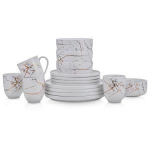 Porcelain 16 Piece Dinnerware set, 4 Full White Gold Splash Sets