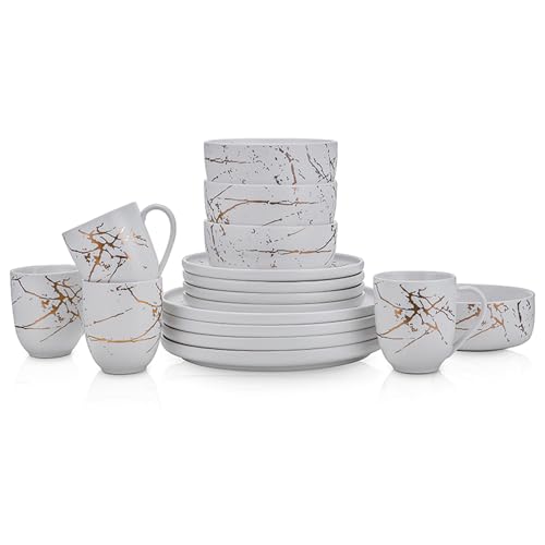 Porcelain 16 Piece Dinnerware set, 4 Full White Gold Splash Sets