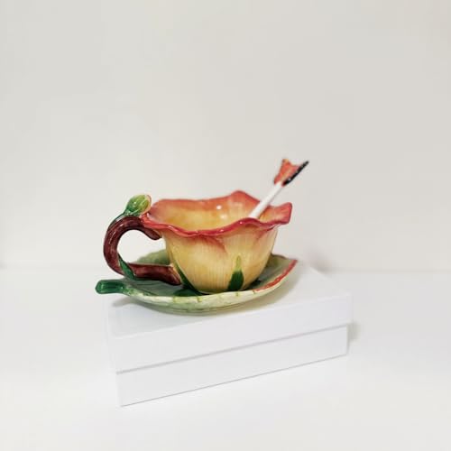 Ceramic Tea Cup and Saucer Set ，6OZ 3D Hand-Painted Flower and Lotus Leaf Coffee Mug，Gift for Women- Yellow Rose