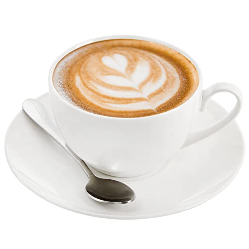 Espresso Cups with Saucers and Spoons, 6 oz White Tea Cup Set, Porcelain Coffee Cup and Saucer Set with Stainless Steel Spoon