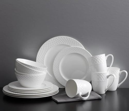 Trellis Bone China 16-Piece Dinnerware Set, Service for 4, White Lightweight Porcelain with Textured Design, Chip-Resistant and