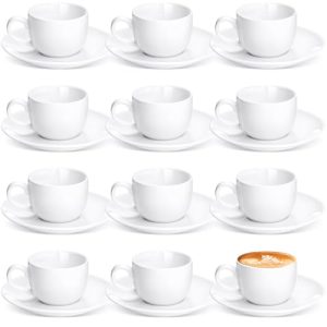 12 Set 2.7 OZ Porcelain Espresso Cups with Saucers White Ceramic Coffee Cups and Saucers Cappuccino Mug Latte Cup for Cafe Mocha