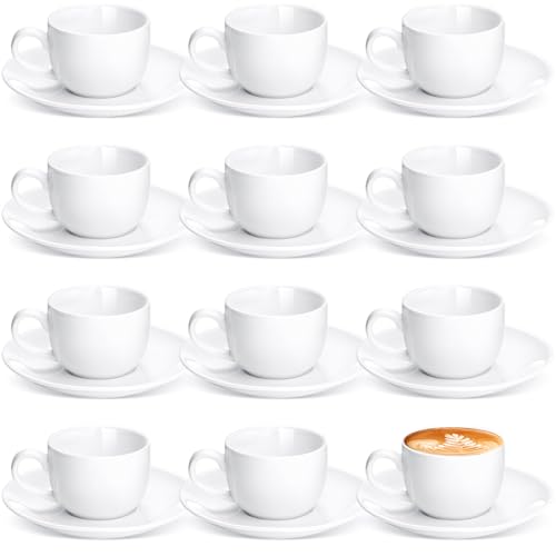 12 Set 2.7 OZ Porcelain Espresso Cups with Saucers White Ceramic Coffee Cups and Saucers Cappuccino Mug Latte Cup for Cafe Mocha