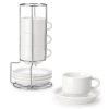 8 OZ Porcelain Espresso Cups with Saucers and Metal Stand Set of 4, Stackable Cappuccino Cups, White Expresso Shots Cup Set for