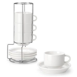 8 OZ Porcelain Espresso Cups with Saucers and Metal Stand Set of 4, Stackable Cappuccino Cups, White Expresso Shots Cup Set for