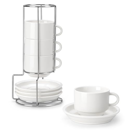 8 OZ Porcelain Espresso Cups with Saucers and Metal Stand Set of 4, Stackable Cappuccino Cups, White Expresso Shots Cup Set for