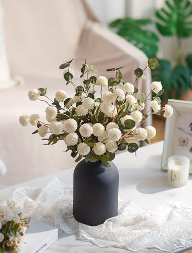 Fake Flowers in Vase for Centerpieces: Metal Vase with 12 Stems of Artificial Kiku Flowers Eucalyptuses Home Table Decor - White