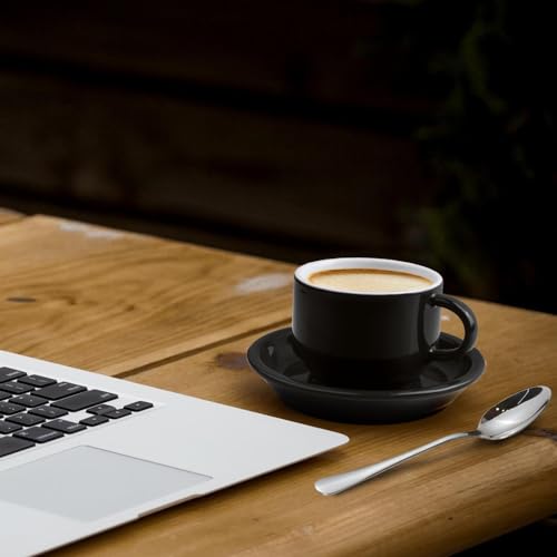 Premium Espresso Shot Cups and Saucers Set with Espresso Stainless Steel Spoons - 2.5 oz, Set of 4, Black