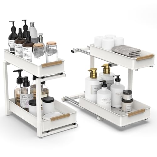 Under Sink Organizer 2 Pack - 2 Tiers Pull Out Cabinet Organizer for Kitchen or Bathroom, Slide Out Storage Shelf for Pantry,