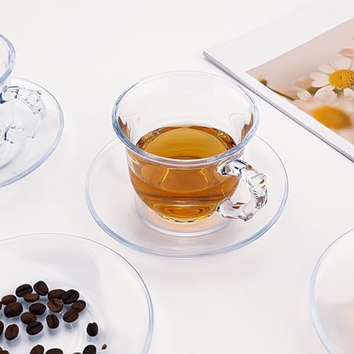 Glass Tea Cups and Saucers Set of 6 - Glass Coffee Mugs -Teacups for Espresso Cappuccino Latte Tea - Dishwasher Microwave Safe
