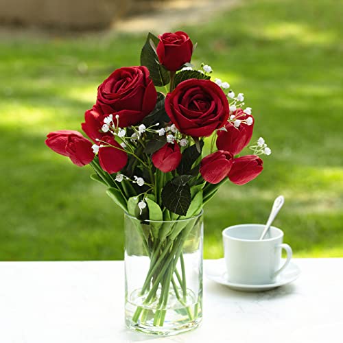 Red Silk Rose Fake Flowers with Vase, Mixed Real Touch Tulip Artificial Flowers in Glass Vase for Dining Table, Faux Flower