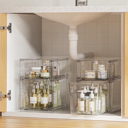 4 Pack Clear Stackable Storage Drawers,Easy to Assemble Bathroom Organizers and Storage with handles,Plastic Drawers for Kitchen
