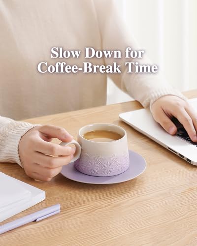 7.3 Ounce Cappuccino Cups Set of 2, Artistic Embossed Ceramic Cappuccino Mugs and Saucers, Double Espresso Cups Set of 4 for Au