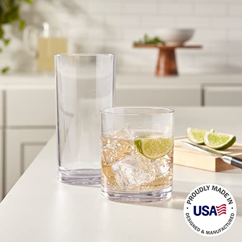 Classic Clear Plastic Reusable Drinking Glasses (Set of 8) 12oz Rocks & 16oz Water Cups | BPA-Free Tumblers, Made in USA |